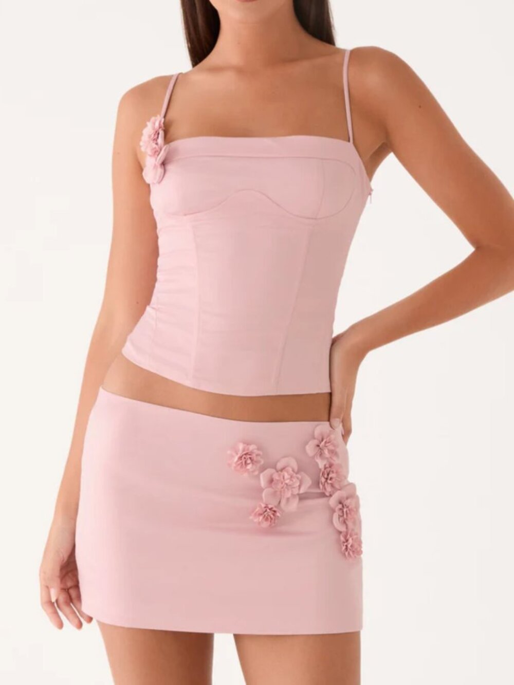 NWT Peppermayo // satin bustier top + low rise mini skirt set with flower detail